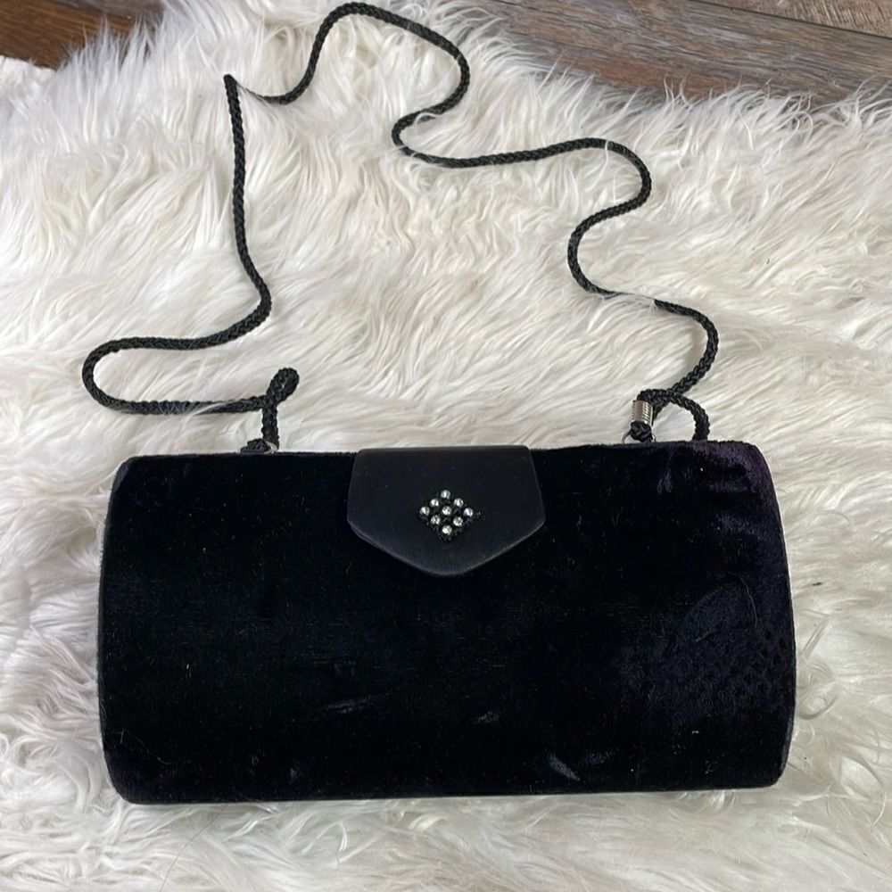 Evening Shoulder Bag Purse, Black Velvet, Rhinstone Fastener